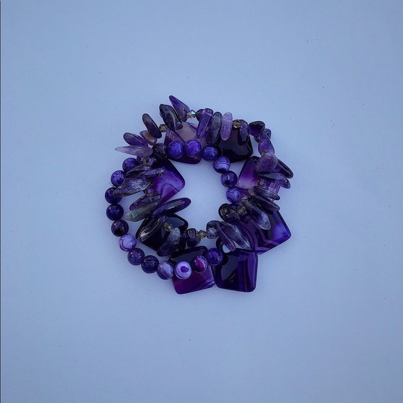 Natural Purple Striped Agate Gemstone Smooth Mixed Bead Bracelet Stack - Picture 4 of 7